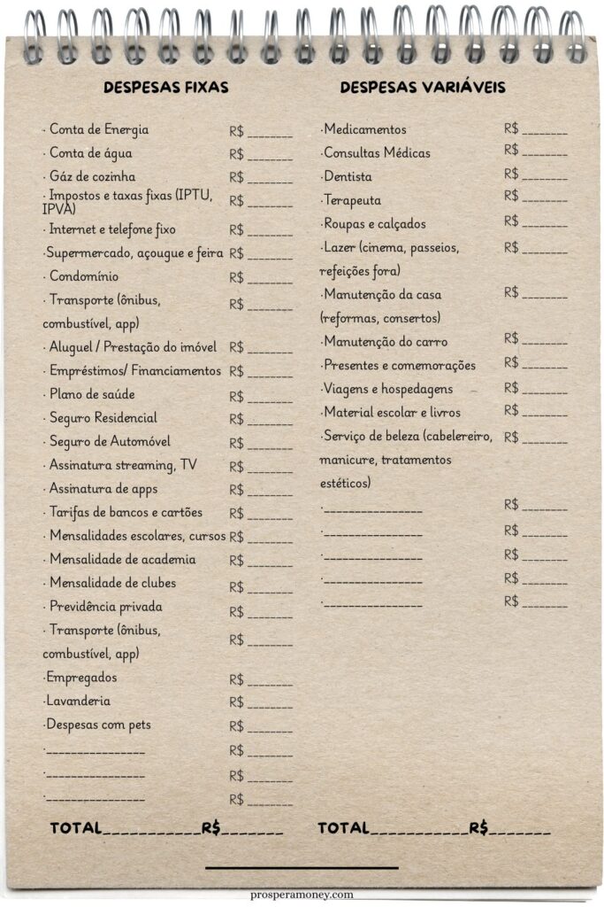 tabela de despesas fixas e despesas variáveis para organiza